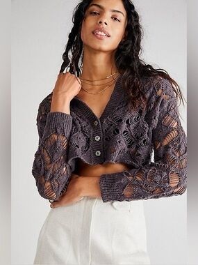 NWT Free People Sedona Cropped Cardigan Open Knit Espresso Bean Brown Large